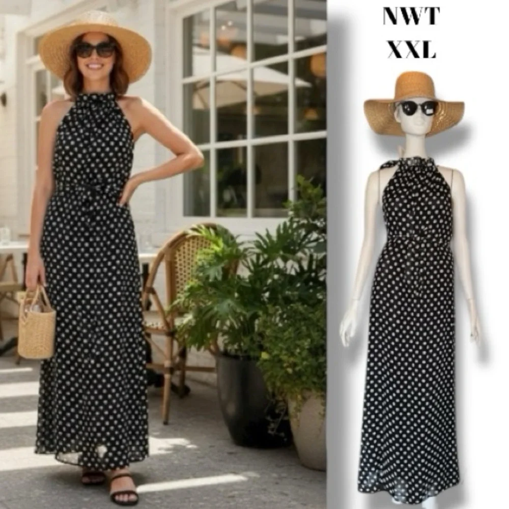 Cheng Xin NWT Dress Black White Polka Dot Halter Neck Maxi Resortwear Size XXL - Picture 6 of 16